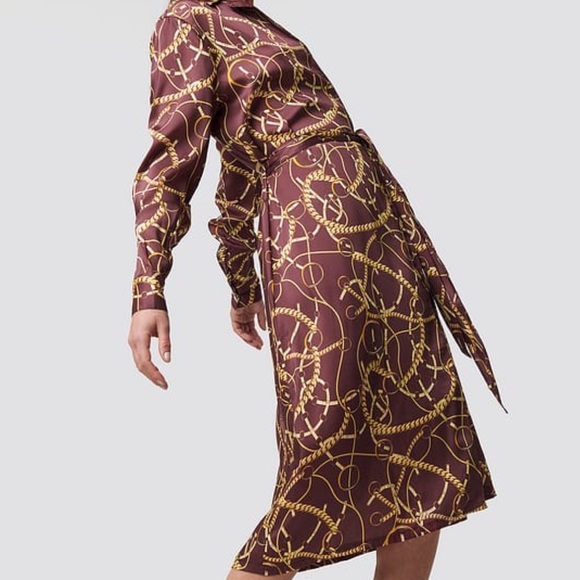 NA-KD Fashion ASOS Brown Chain Printed Satin MIDI Dress large 42 - Picture 3 of 4